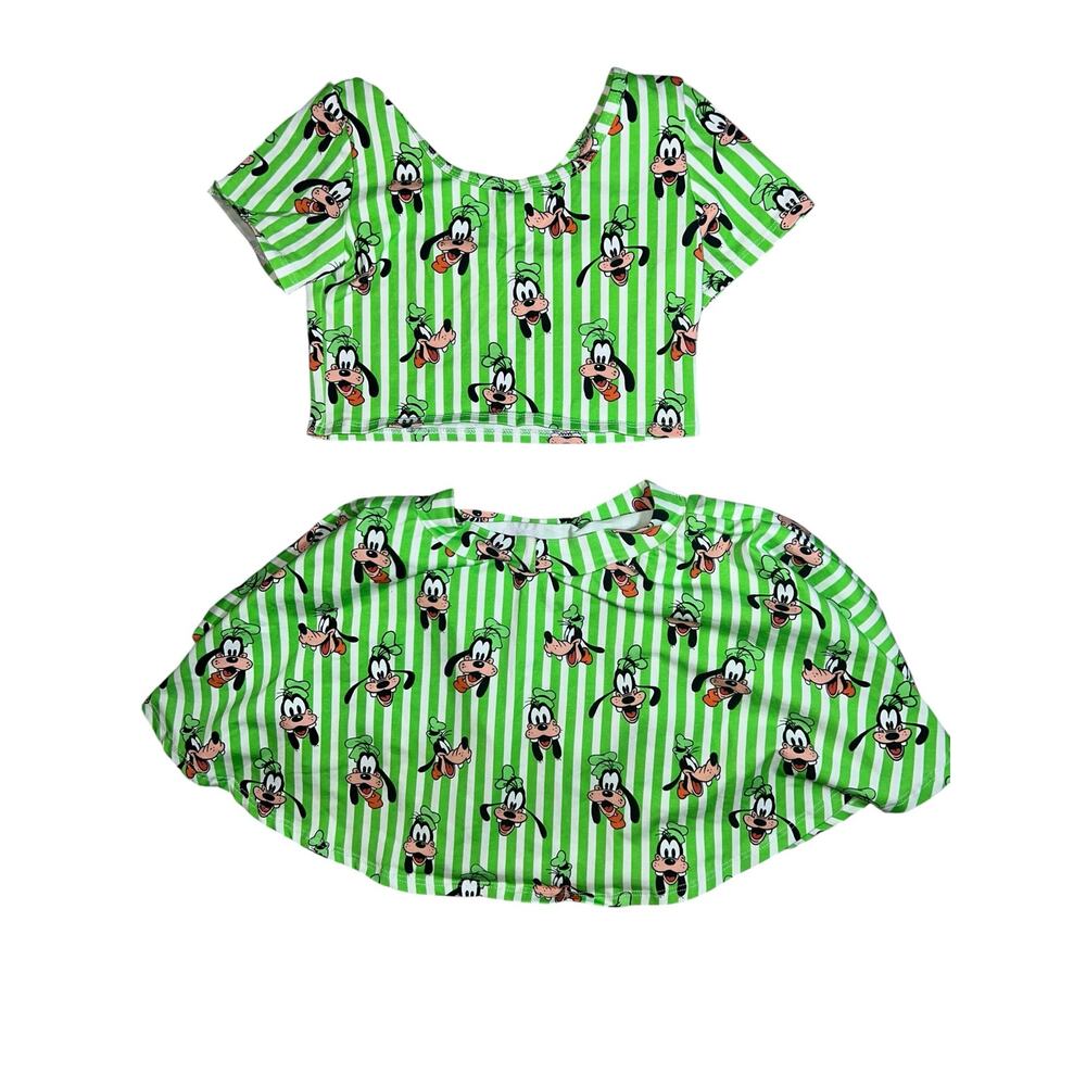 Disney's Goofy Wild Rich Kids green white striped graphic twirl skirt crop top